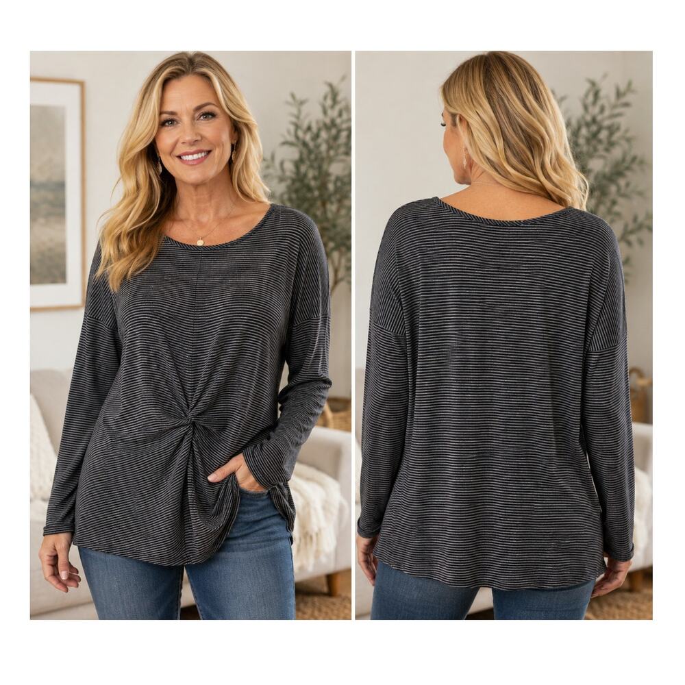 Como Blu XL Black Gray Striped Twist Front Long Sleeve Tunic Top Lurex
